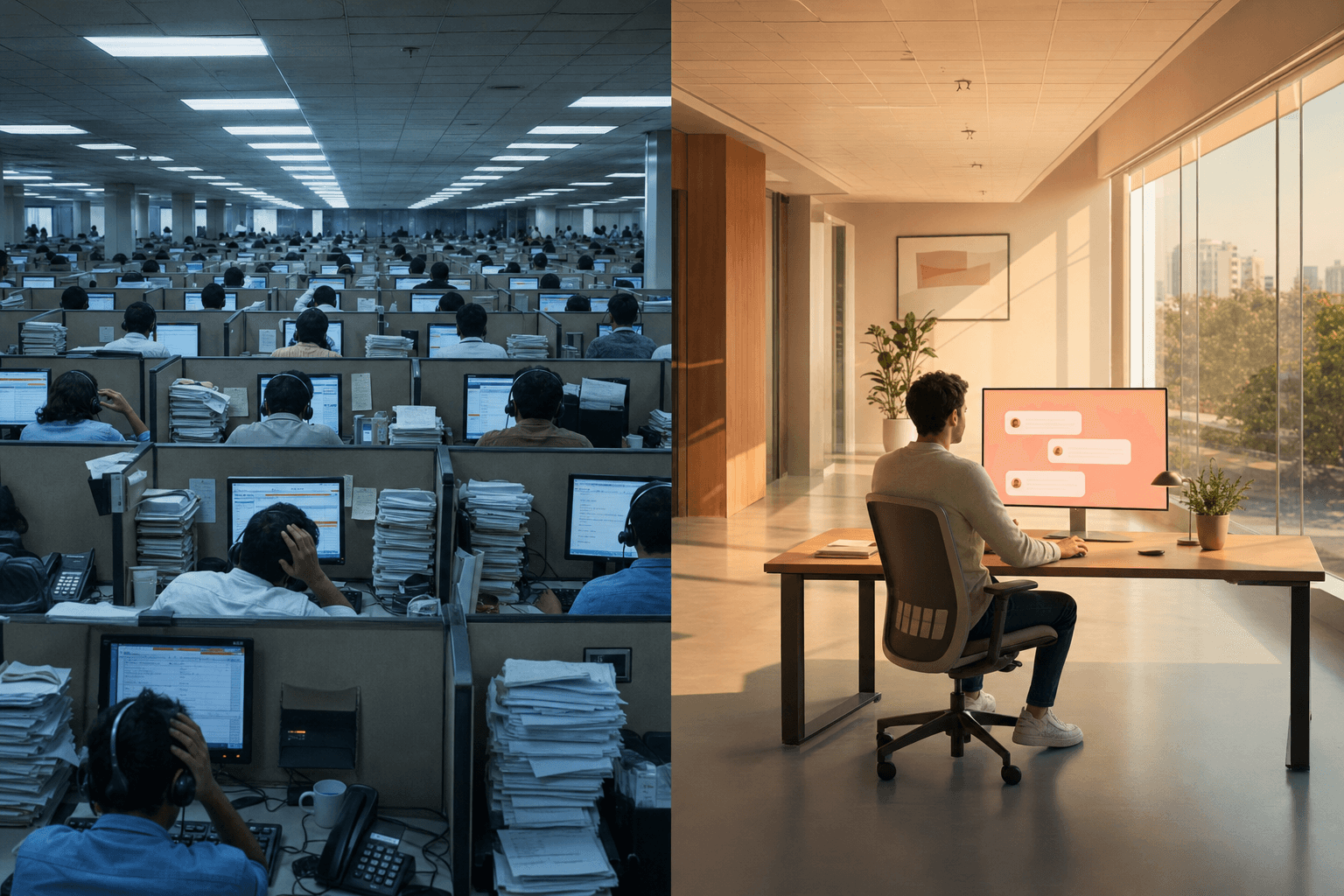 Contrast between the chaotic traditional call center and the modern AI-powered team: the customer support model is broken