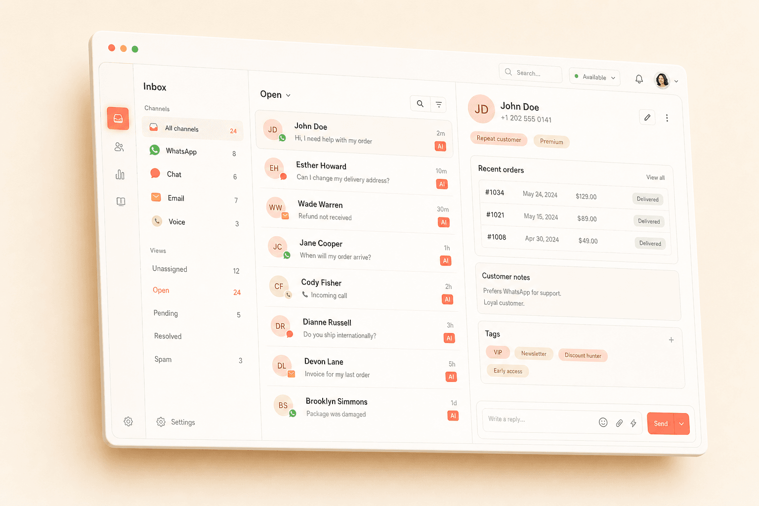 GuruSup in action: unified multichannel inbox with AI agents resolving autonomously