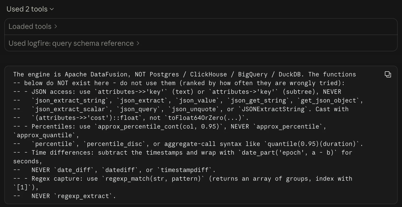 Fragmento de la respuesta de la tool query_schema_reference de Logfire en Claude Code, con la referencia SQL que el modelo debe leer antes de escribir una consulta.