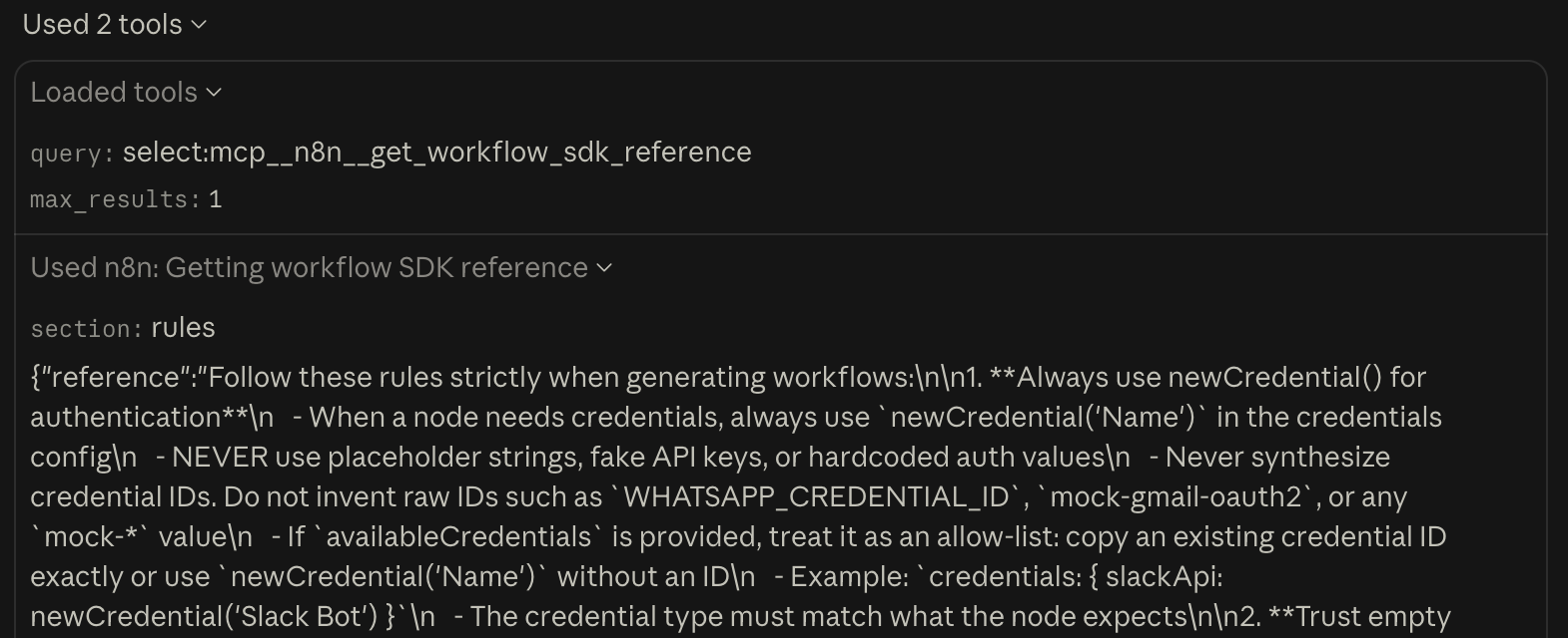 Respuesta en bruto de la tool get_workflow_sdk_reference de n8n con la sección de reglas, en Claude Code.